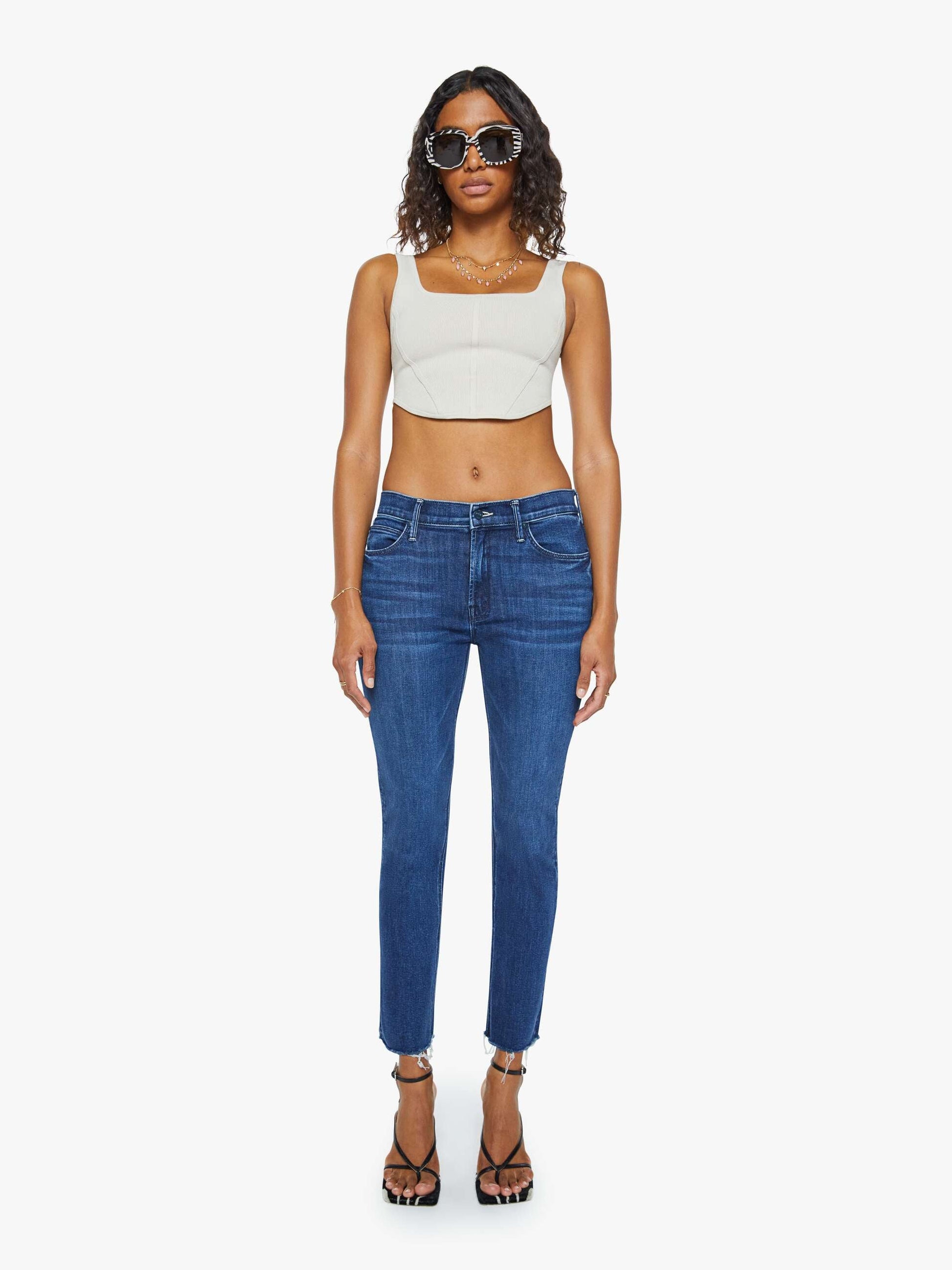 Mother Denim The Mid Rise Dazzler Ankle Fray Blue (Navy)