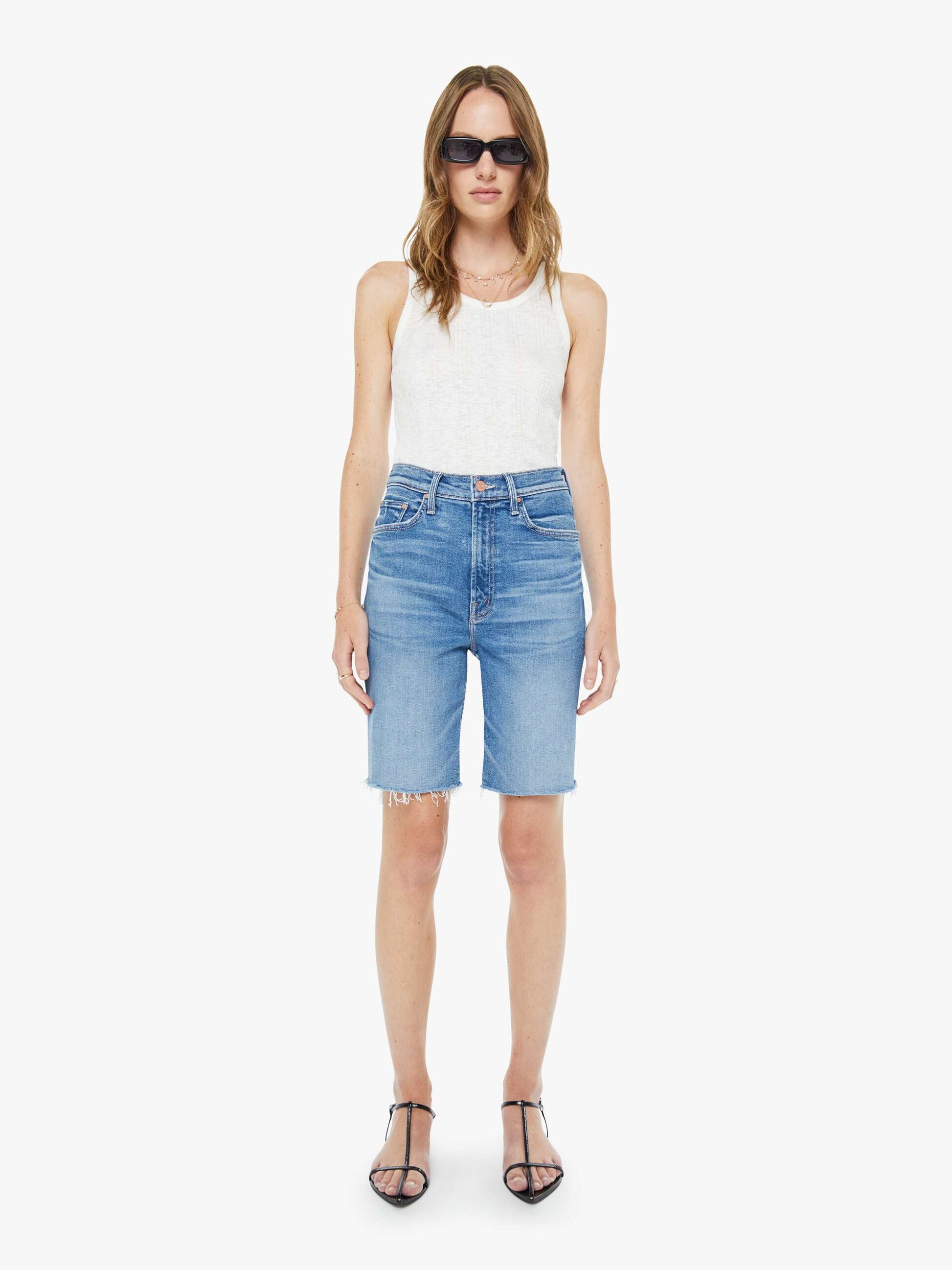 Mother Denim High Waisted Rider Bermuda Short Fray Float My Boat