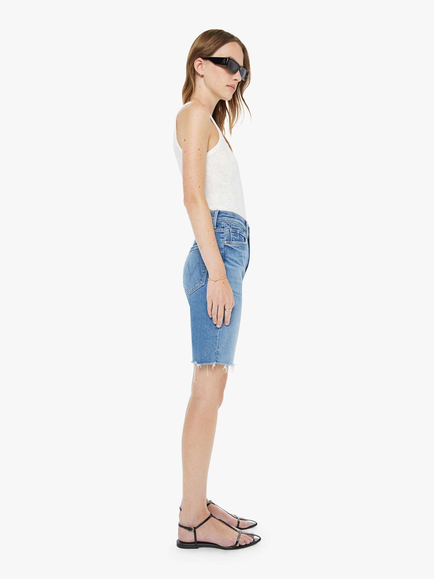 Mother Denim High Waisted Rider Bermuda Short Fray Float My Boat