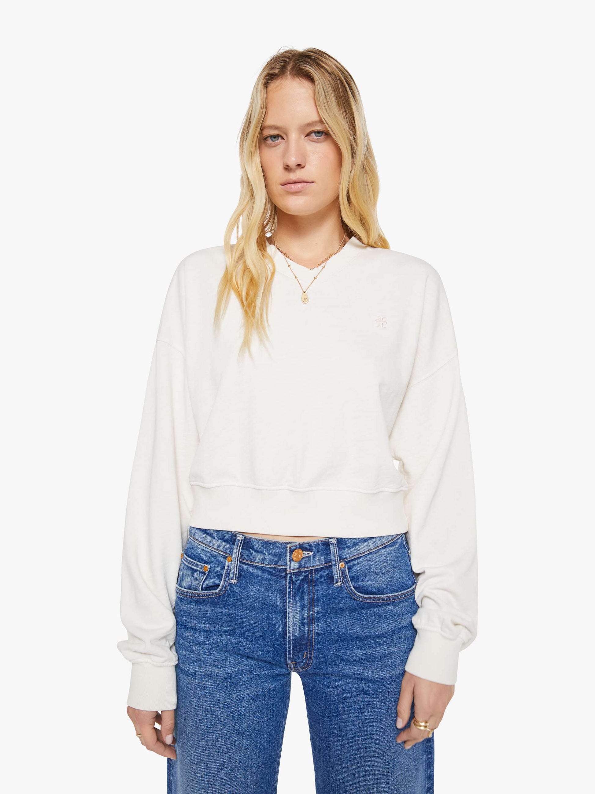 Mother Denim Eterne Cropped V-Neck Sweatshirt White (Natural)