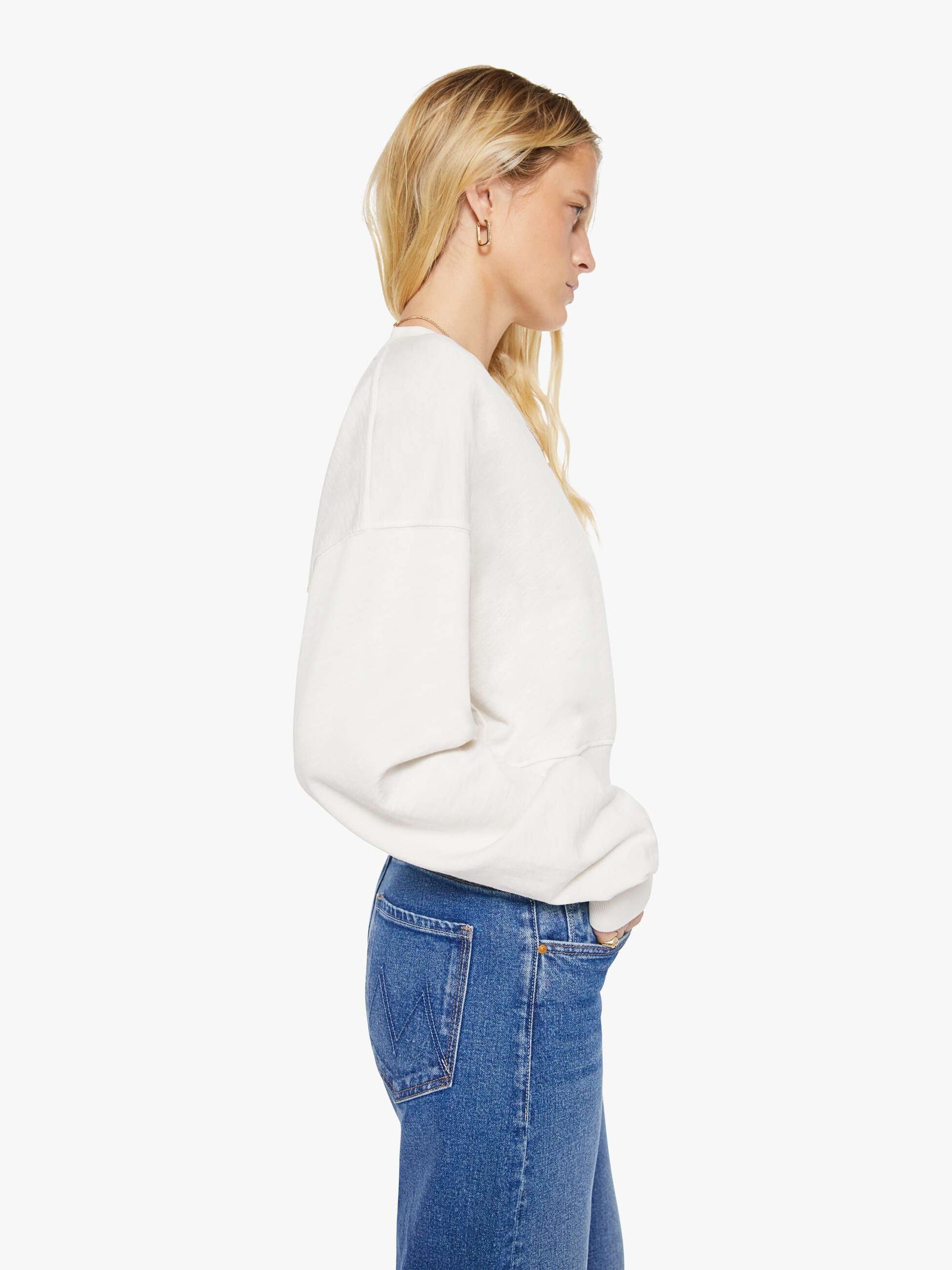 Mother Denim Eterne Cropped V-Neck Sweatshirt White (Natural)