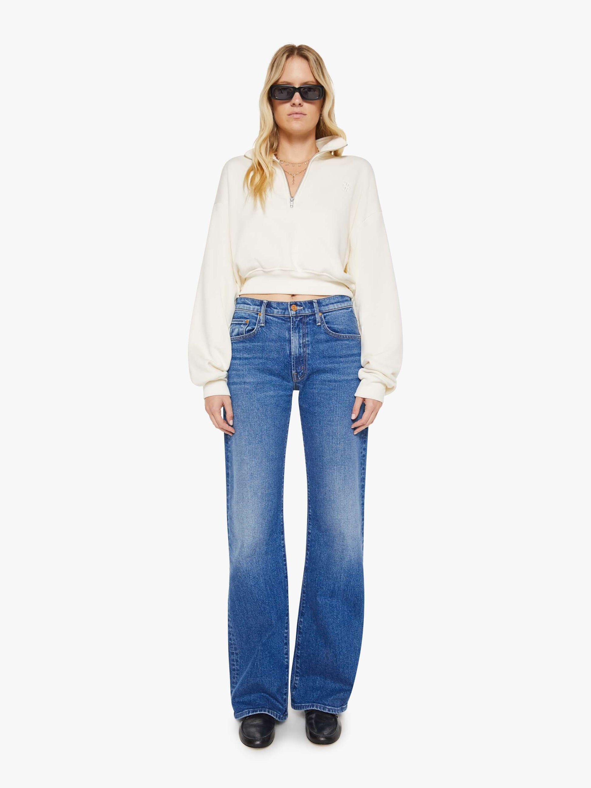 Mother Denim Eterne Cropped Half-Zip Sweatshirt White (Open)