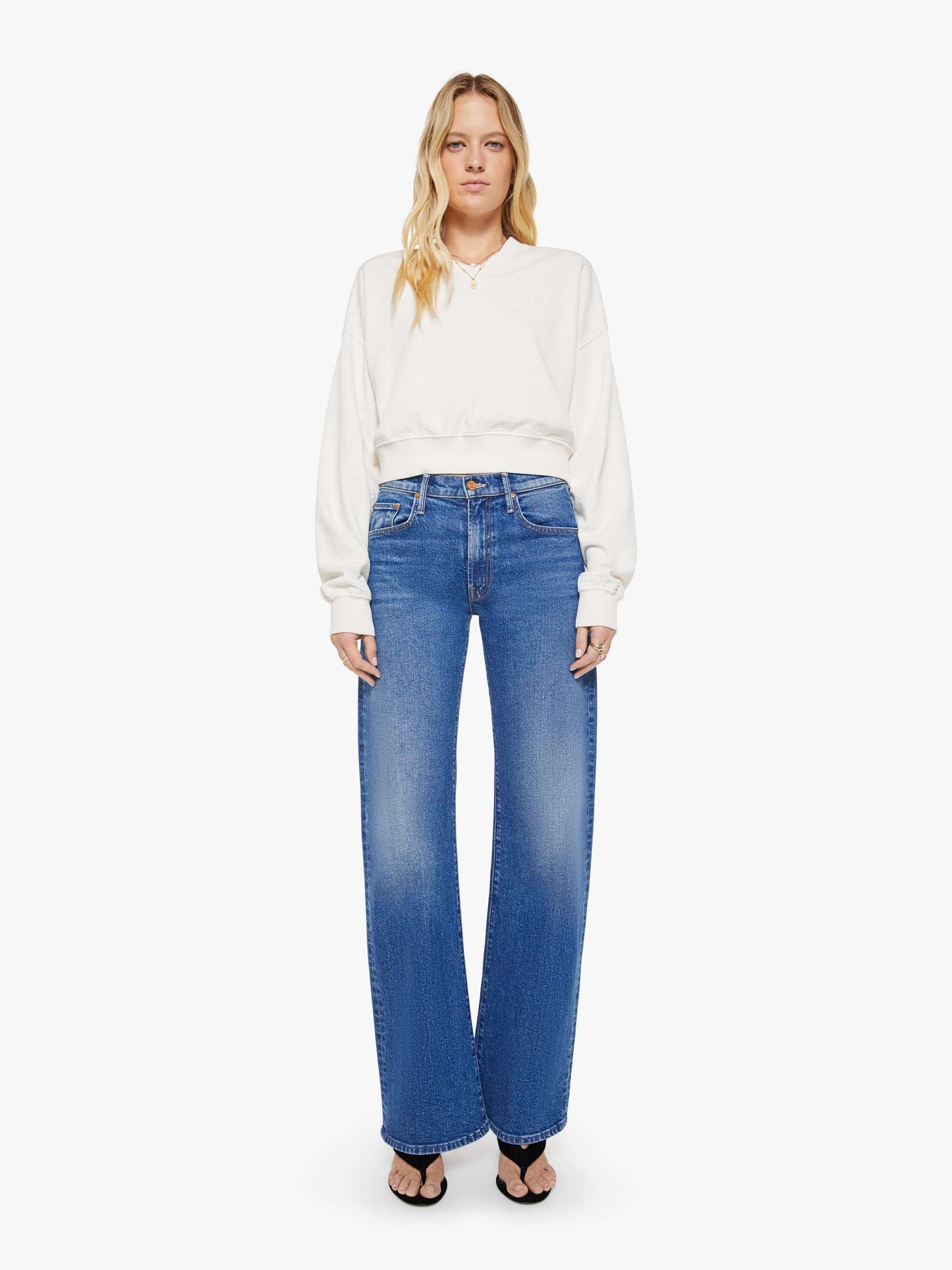 Mother Denim Eterne Cropped V-Neck Sweatshirt White (Natural)