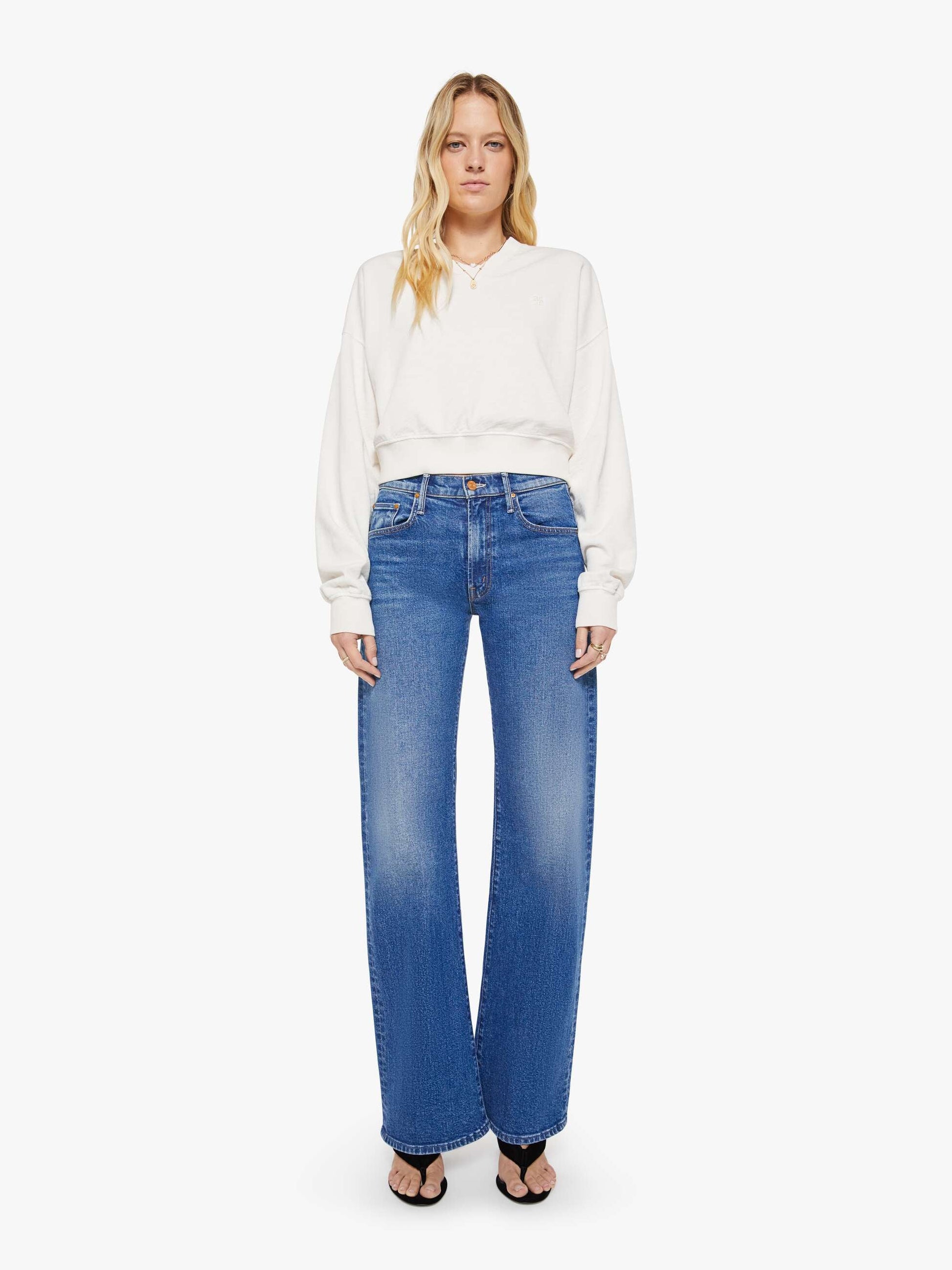 Mother Denim Eterne Cropped V-Neck Sweatshirt White (Natural)