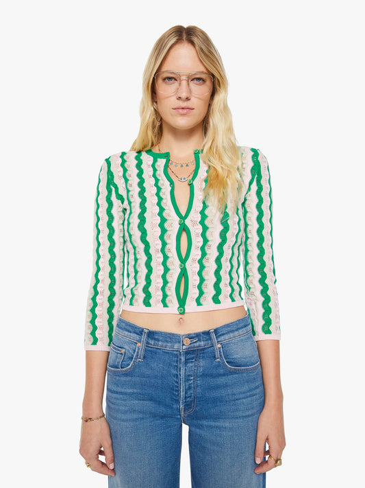 Mother Denim THE CREW NECK CARDIGAN POI GREEN PINK COMBO Pointelle