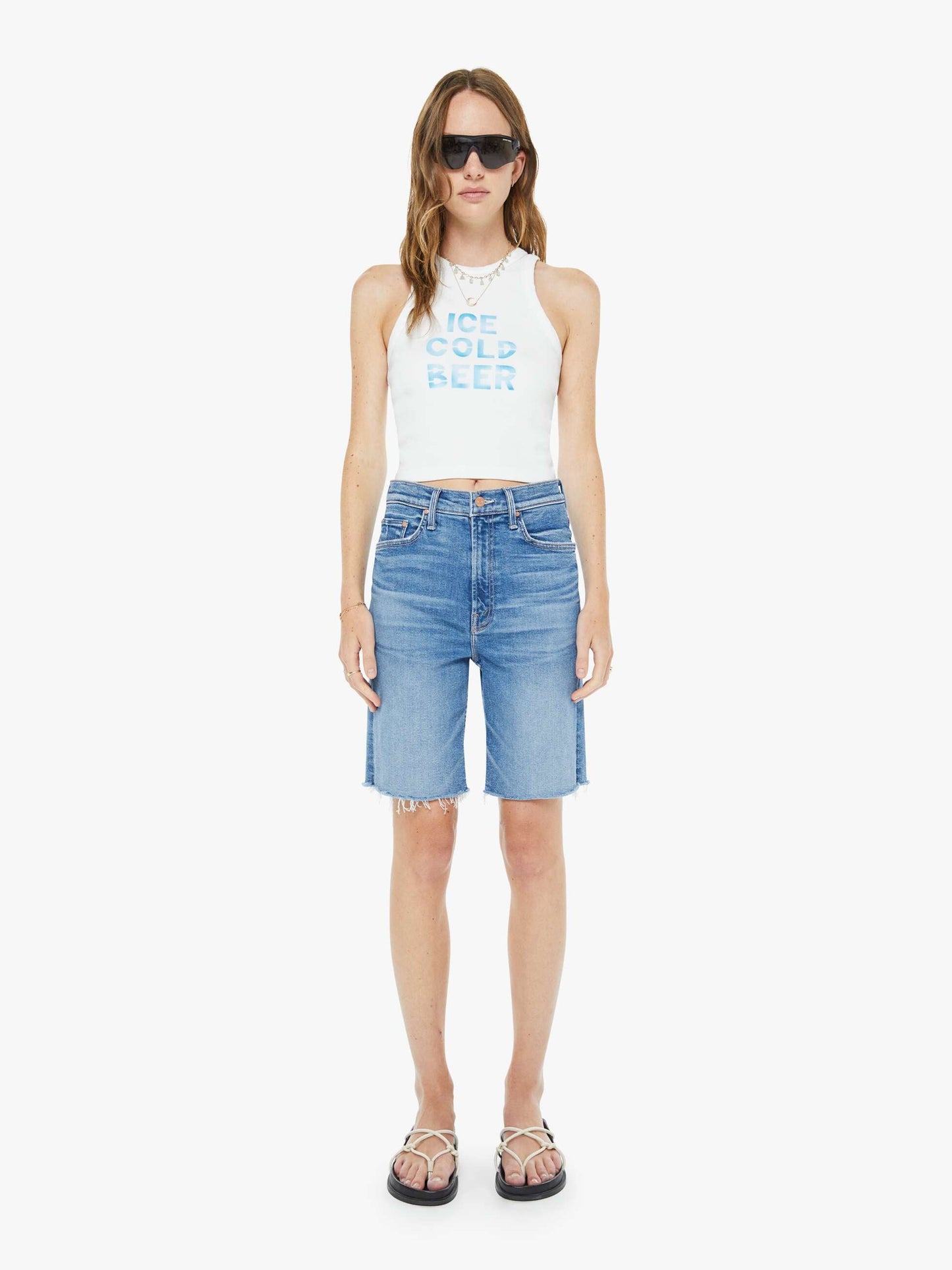 Mother Denim High Waisted Rider Bermuda Short Fray Float My Boat