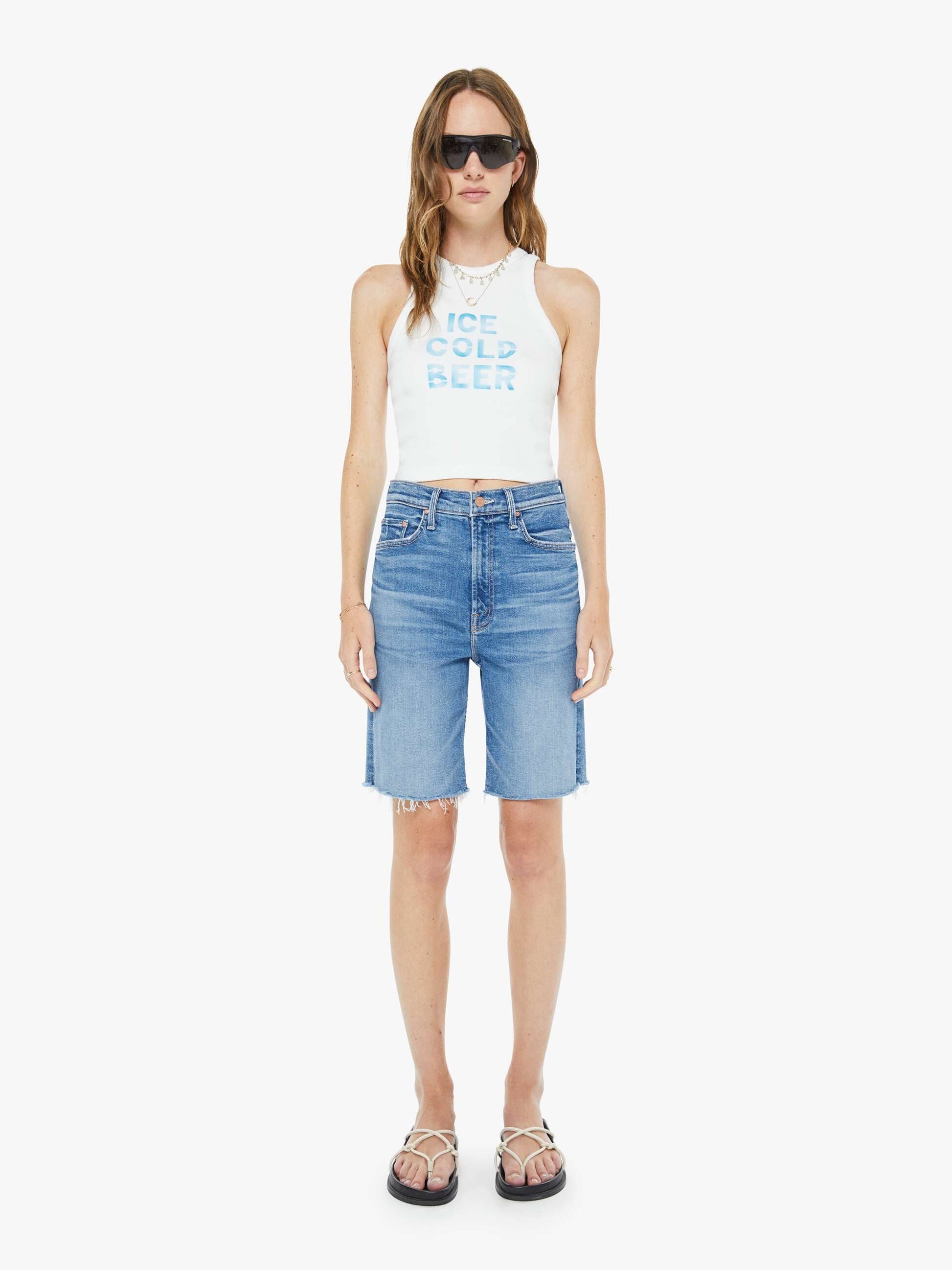 Mother Denim High Waisted Rider Bermuda Short Fray Float My Boat