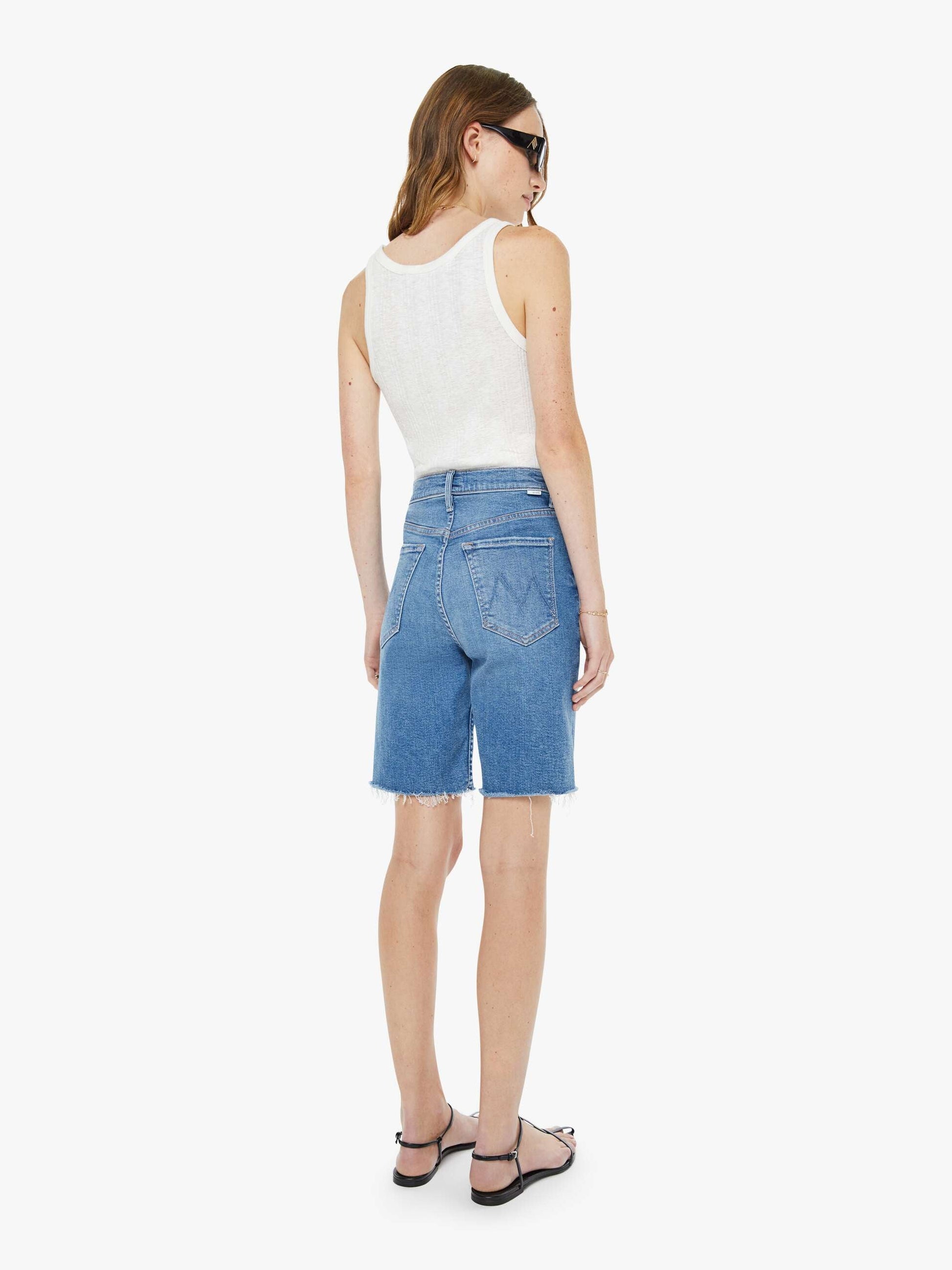 Mother Denim High Waisted Rider Bermuda Short Fray Float My Boat