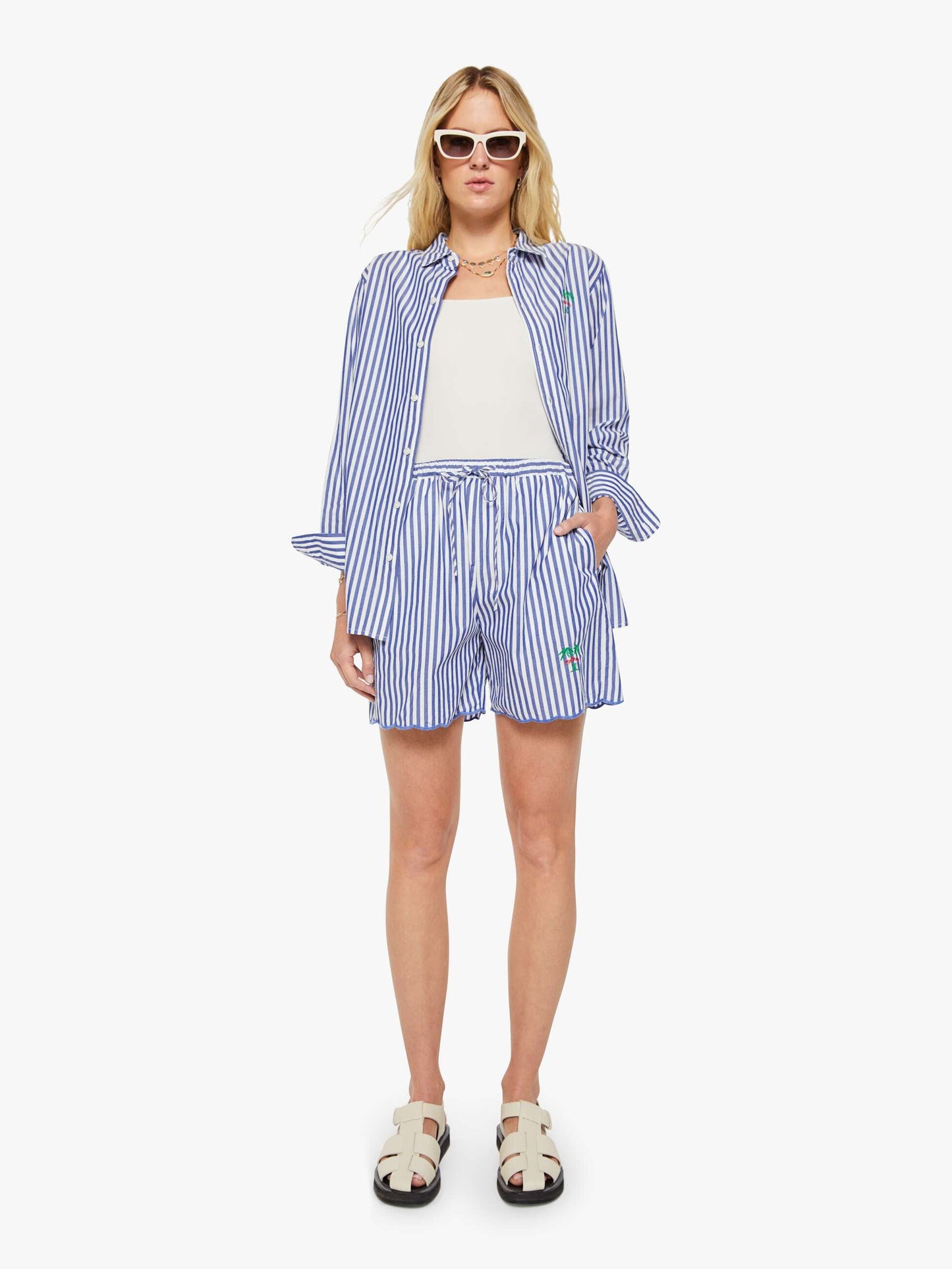 Mother Denim The Drawn Freeballer Short White And Blue Stripe