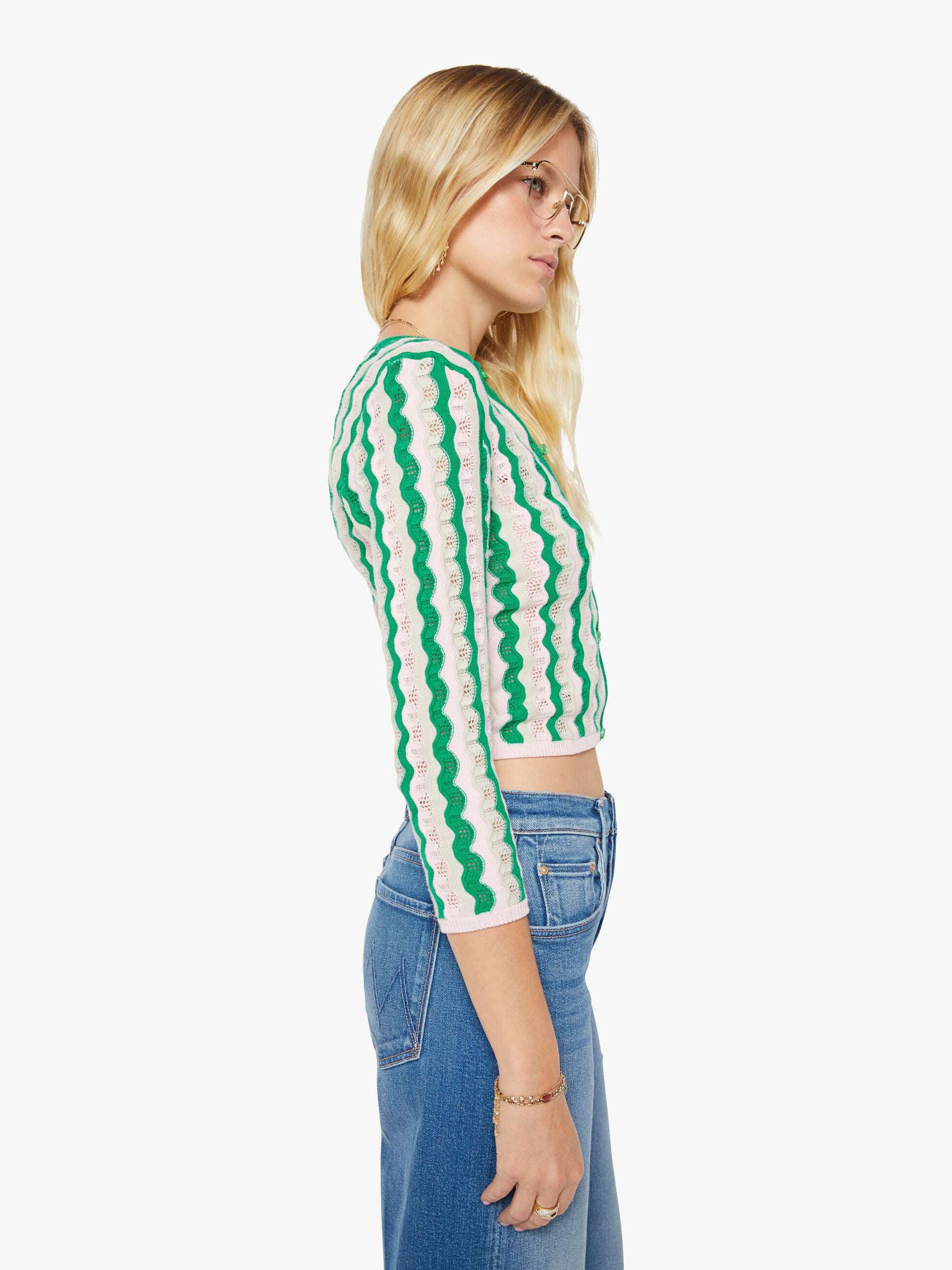 Mother Denim THE CREW NECK CARDIGAN POI GREEN PINK COMBO Pointelle