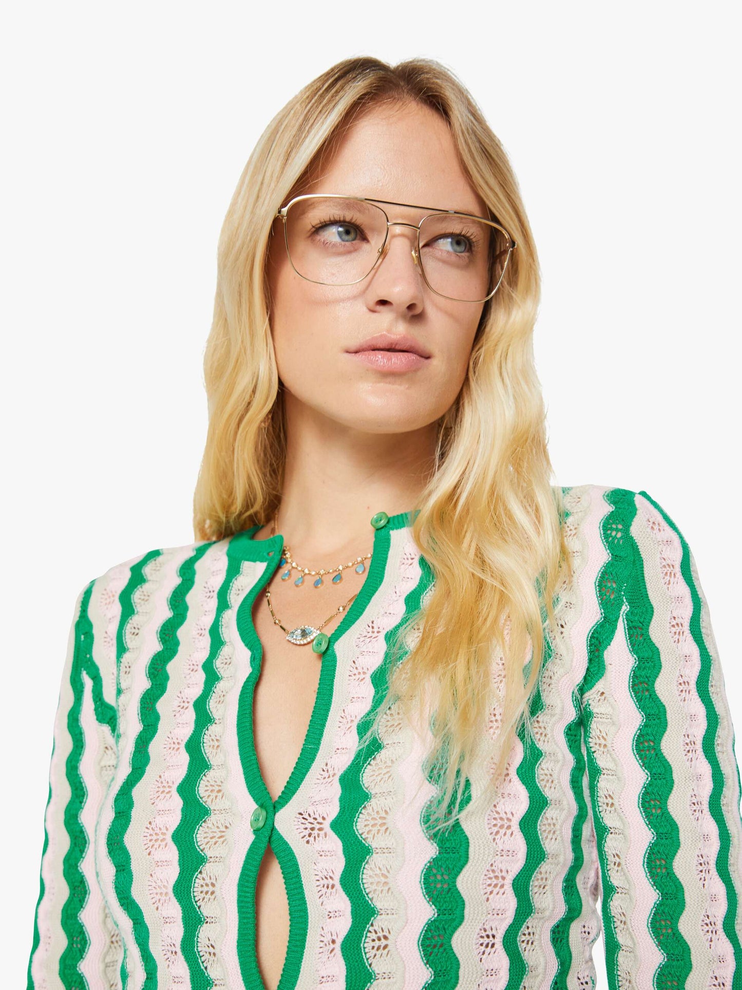 Mother Denim THE CREW NECK CARDIGAN POI GREEN PINK COMBO Pointelle